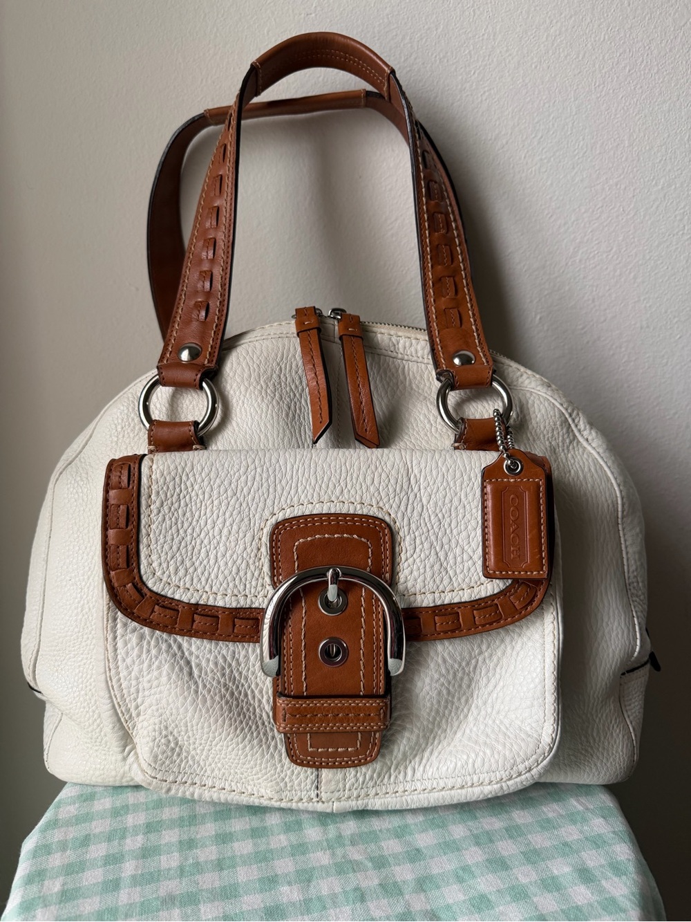 Coach Soho Courtney White and Tan Pebbled Leather Domed Satchel F13111